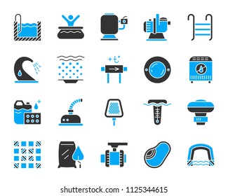 Swimming pool equipment silhouette icons set. Isolated sign kit of construction. Repair pictogram collection includes water heater, lamp, chlorine. Simple pool equipment symbol. Vector Icon shape