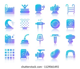 Swimming Pool Equipment Silhouette Icons Set With Reflection. Sign Kit Of Construction. Repair Vector Pictogram Collection Includes Bowl, Filter, Pump. Gradient Simple Pool Accessories Icon Isolated