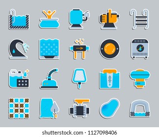 Swimming pool equipment sticker icons set. Flat sign kit of construction. Repair pictogram collection includes chemical dosing, valve, pavilion. Simple pool equipment icon symbol. Vector Illustration