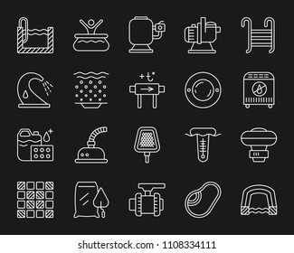 Swimming Pool Equipment thin line icons set. Outline monochrome sign kit of construction. Repair linear icon collection includes tile mosaic, waterproofing, net. Simple pool symbol vector illustration