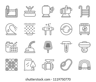 Swimming pool equipment thin line icons set. Outline sign kit of construction. Repair linear icon collection includes stairs, waterfall geyser. Simple pool symbol isolated on white Vector Illustration