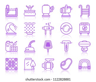 Swimming pool equipment thin line icons set. Outline vector sign kit of construction. Repair linear icon collection includes bowl, filter, pump. Simple pool symbol with reflection isolated on white
