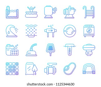 Swimming pool equipment thin line icons set. Outline vector sign of construction. Repair linear icon collection includes outdoor, pump, chemical dosing. Simple pool equipment symbol isolated on white