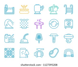 Swimming pool equipment thin line icons set. Outline sign of construction. Repair linear icon collection includes chemical dosing, valve, pavilion. Simple pool gear symbol isolated Vector Illustration