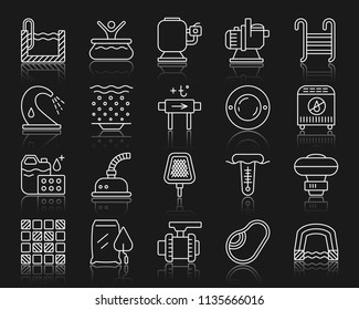 Swimming Pool Equipment Thin Line Icon Set. Outline Sign Kit Of Construction. Repair Linear Icons Includes Pump Filter Waterfall. Simple Pool Accessories Symbol With Reflection. Vector Illustration