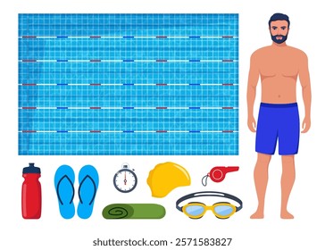 Swimming pool and equipment for swimming training. Man in swimsuit. Swimsuit, goggles, flippers, swim cap, water bottle, towel, stopwatch, whistle, sport bag Vector