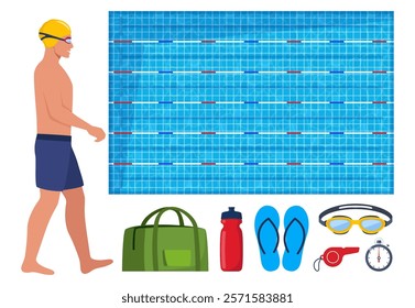 Swimming pool and equipment for swimming training. Man in swimsuit. Swimsuit, goggles, flippers, swim cap, water bottle, towel, stopwatch, whistle, sport bag Vector