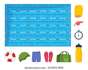 Swimming pool and equipment for swimming training. Swimsuit, goggles, flippers, swim cap, water bottle, towel, stopwatch, whistle sport bag Vector