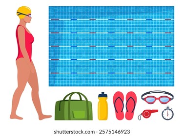 Swimming pool and equipment for swimming training. Woman in swimsuit. Swimsuit, goggles, flippers, swim cap, water bottle, towel, stopwatch, whistle, sport bag Vector