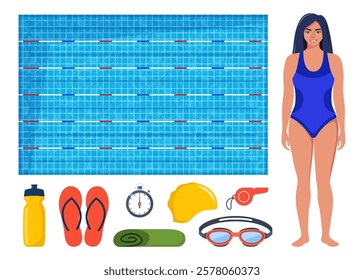 Swimming pool and equipment for swimming training. Woman in swimsuit. Swimsuit, goggles, flippers, swim cap, water bottle, towel, stopwatch, whistle, sport bag Vector