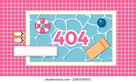Swimming pool error 404 flash message. Lounge zone. Pool party. Website landing page ui design. Not found cartoon image, cute vibes. Vector flat illustration concept with kawaii anime background