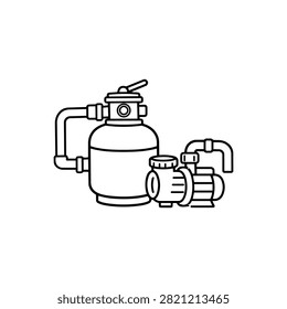 Swimming pool filtration pump icon with filter tank, valve and connected pipes for water park circulation system, maintenance and clean water equipment