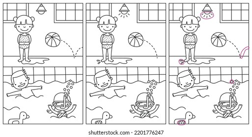 Swimming pool find the differences vector illustration