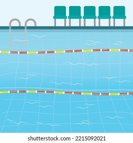 Swimming pool in flat cartoon style. Modern indoor stadium pool with lanes. Sports arena for recreation or competition. Nobody, empty pool. vector illustration