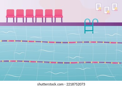 Swimming pool in flat cartoon style. Modern indoor stadium pool with lanes. Sports arena for recreation or competition. Poolside, nobody, empty pool. vector illustration