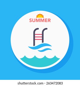 swimming pool flat icon with long shadow on blue circle background , vector illustration , eps10