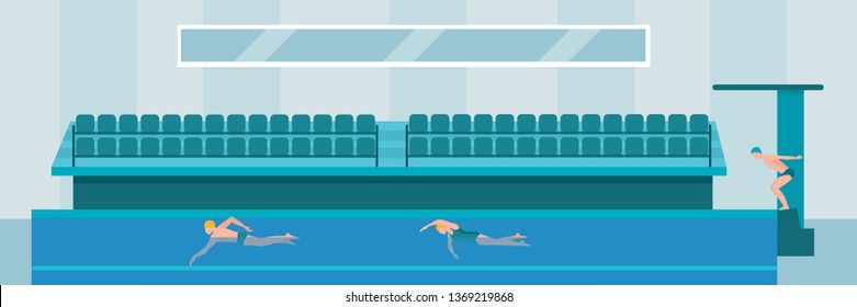 Swimming pool flat vector illustration. Professional swimmers cartoon characters training indoors. Modern gym interior drawing. Sportsmen swimming, exercising, working out. Healthy lifestyle