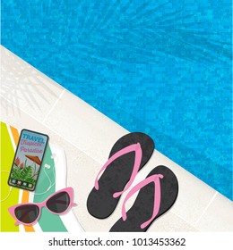 Swimming Pool Flip Flops Mobile Phone and Sunglasses