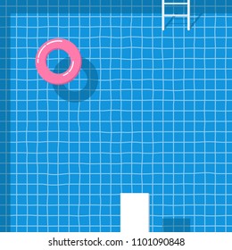 Swimming pool float, Pink ring floating, white jump, water surface, texture tile pattern blue on summer sunlight, stair. Flat lay, top view background poolside. Vector flat design illustration