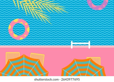 Swimming pool with float ring, sunshade, and outdoor chairs. Summer concept vector illustration.