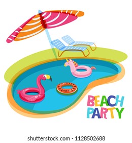 Piscina con anillos flotantes flamingo, unicornio, sandía. Dibujo del doodle dibujado a mano del vector. juguetes de niños inflables multicolor. Concepto de diseño moderno para póster o pancarta de verano.