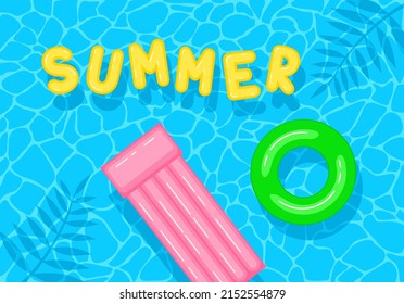 Swimming pool with floating inflatable  circle, air mattress and word summer. Top view