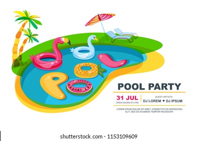 Swimming pool with floating kids toys and inflatable letters. Vector hand drawn doodle illustration. Beach party summer poster, flyer, banner design template.