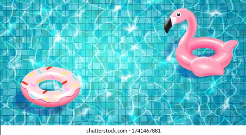 
Swimming pool with floating realistic 3d pink flamingo, blue water, ripples and highlights. Texture of water surface and tiled bottom. Overhead view. Summer background.