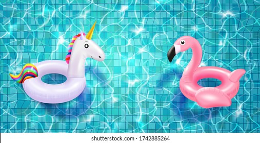 
Swimming pool with floating realistic 3d pink flamingo and unicorn ,blue water, ripples and highlights. Texture of water surface and tiled bottom. Overhead view. Summer background.