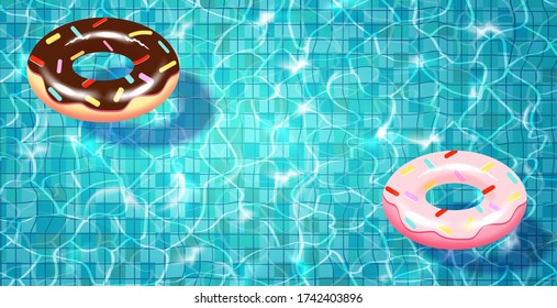 Swimming pool with floating realistic donuts, blue water, ripples and highlights. Texture of water surface and tiled bottom. Overhead view. Summer background.