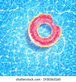 Swimming pool with floating ring, caustic ripple and sunlight glare effect. Aquatic surface with waves background. Realistic vector illustration of underwater bottom texture, top view