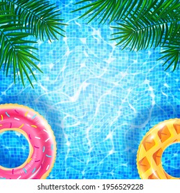 Swimming pool with floating ring, caustic ripple and sunlight glare effect. Aquatic surface with waves background, tropical leaves and inflatable rings. Realistic vector illustration of swimming pool.