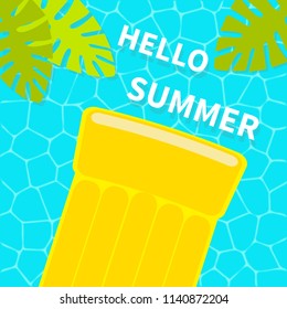 Swimming pool. Floating yellow air pool float water mattress. Top aerial view. Hello Summer. Palm tree leaf. Cute cartoon relaxing object. Sea Ocean water. Blue background. Flat design. Vector