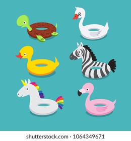 Swimming pool floats, inflatable animals flamingo, duck, unicorn, zebra, turtle, swan rubber toys vector set