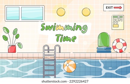 Swimming pool front view background. Swimming time on holiday or vacation. Pool stairs, ball and buoy. 