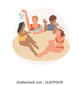 Swimming pool fun abstract concept vector illustration. Neighbors spend time together, visit friends, sitting in swimming ring, two families having fun, leisure time on backyard abstract metaphor.