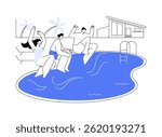 Swimming pool fun isolated cartoon vector illustrations. Group of friends jump into the pool, swimming time during summer vacation, water splash, luxury resort journey vector cartoon.