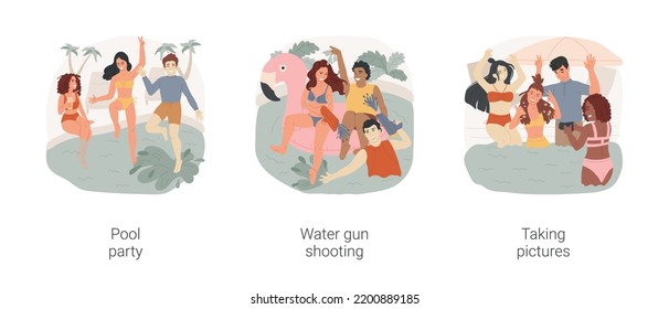 Swimming Pool Fun Isolated Cartoon Vector Illustration Set. Teens Hanging Out At Poolside, Young Guys Jumping In The Pool, Water Gun Shooting, Diverse Friends Taking Pictures Vector Cartoon.