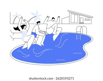 Swimming pool fun isolated cartoon vector illustrations. Group of friends jump into the pool, swimming time during summer vacation, water splash, luxury resort journey vector cartoon.