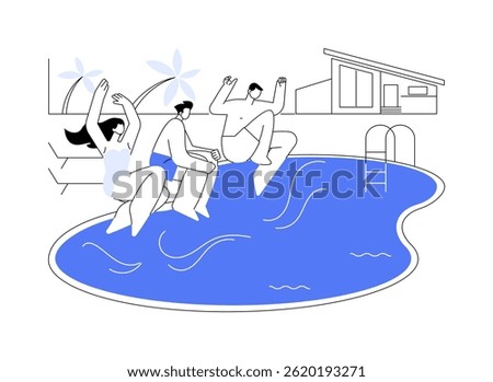 Swimming pool fun isolated cartoon vector illustrations. Group of friends jump into the pool, swimming time during summer vacation, water splash, luxury resort journey vector cartoon.