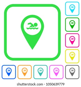 Swimming pool GPS map location vivid colored flat icons in curved borders on white background