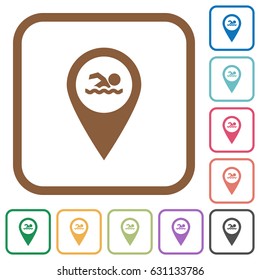 Swimming pool GPS map location simple icons in color rounded square frames on white background
