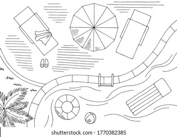 Swimming pool graphic aerial top view black white landscape sketch illustration vector