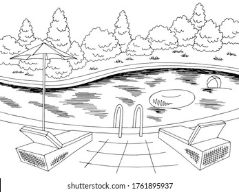 Swimming pool graphic black white landscape sketch illustration vector