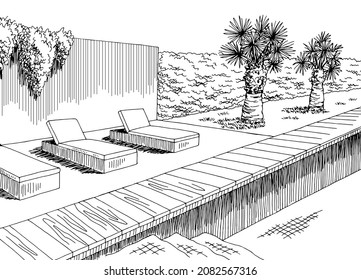 Swimming pool graphic black white landscape sketch illustration vector 
