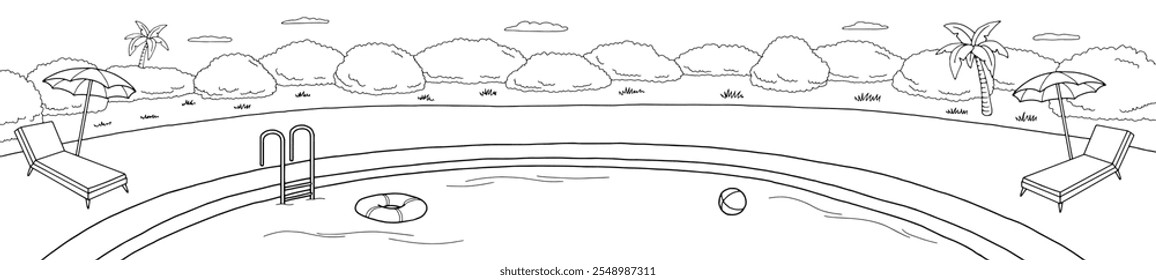 Schwimmbad Grafik schwarz weiß Landschaft Skizze lange Illustration Vektor 