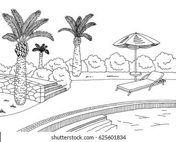 Swimming pool graphic black white landscape sketch illustration vector 