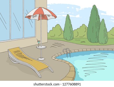 Swimming pool graphic color landscape sketch illustration vector