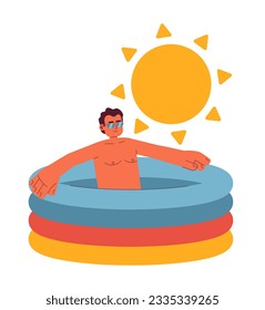 Swimming pool heat flat concept vector spot illustration. Latinamerican man in small kiddie pool 2D cartoon character on white for web UI design. Hot day isolated editable creative hero image