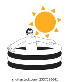 Swimming pool heat monochrome concept vector spot illustration. Latinamerican man in small kiddie pool 2D flat bw cartoon character for web UI design. Hot day isolated editable hand drawn hero image